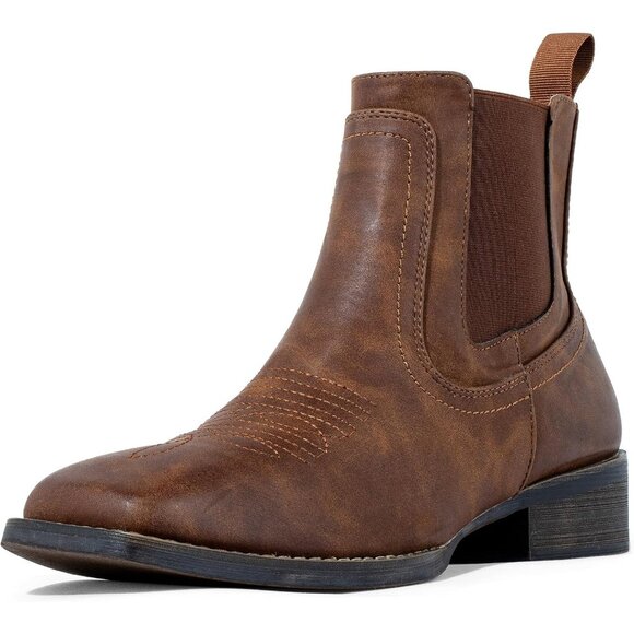 ⚡Men's Brown Faux Leather Western Square Toe Comfort Ankle Chelsea Boots - Picture 1 of 9